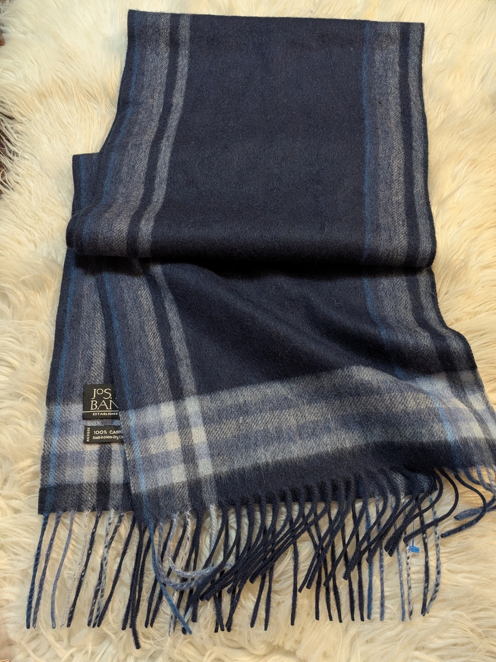 Jos. A. Bank Navy and Gray Plaid Cashmere Scarf